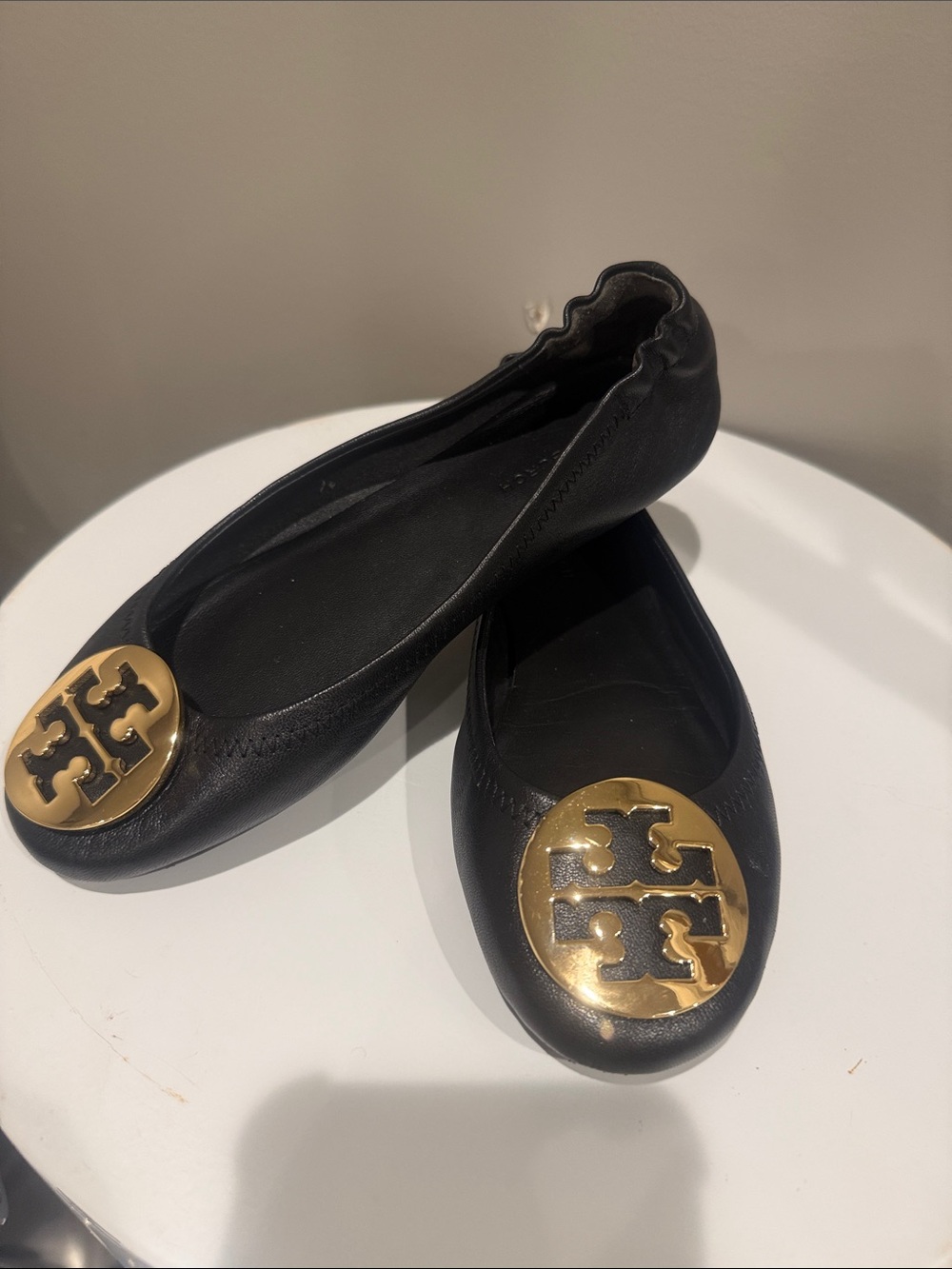 Tory Burch Black Leather Flats with Gold Logo Medallion